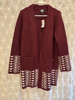 FRYE Burgundy Open-Front Cardigan with Cream Geometric Trim